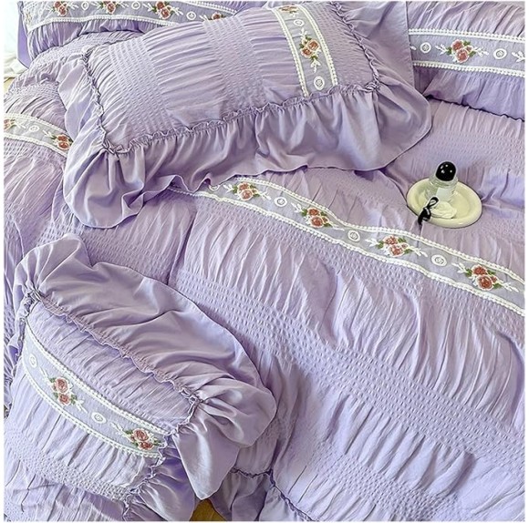 French Style Princess Bedding Set Lace Ruffles Seersucker Flowers Embroidery Washed Cotton Duvet Cover Set Bed Sheet Pillowcases,Bedding