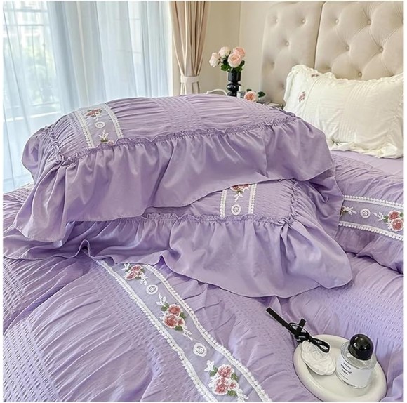 French Style Princess Bedding Set Lace Ruffles Seersucker Flowers Embroidery Washed Cotton Duvet Cover Set Bed Sheet Pillowcases,Bedding
