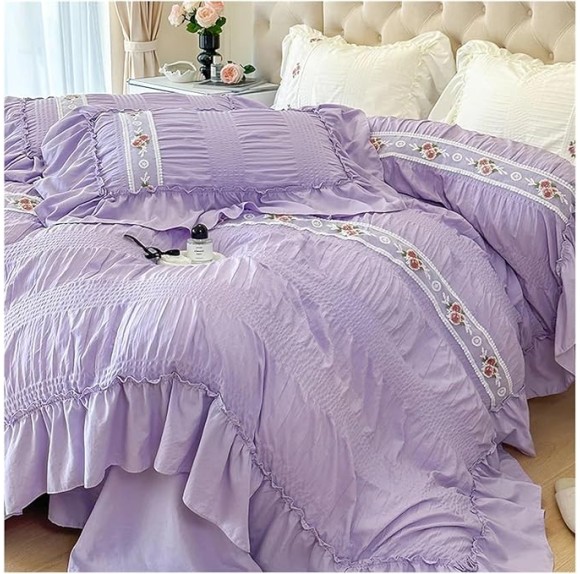 French Style Princess Bedding Set Lace Ruffles Seersucker Flowers Embroidery Washed Cotton Duvet Cover Set Bed Sheet Pillowcases,Bedding