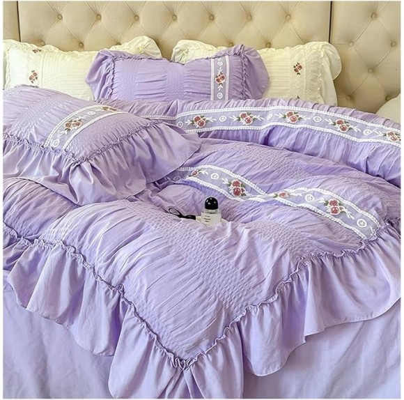 French Style Princess Bedding Set Lace Ruffles Seersucker Flowers Embroidery Washed Cotton Duvet Cover Set Bed Sheet Pillowcases,Bedding