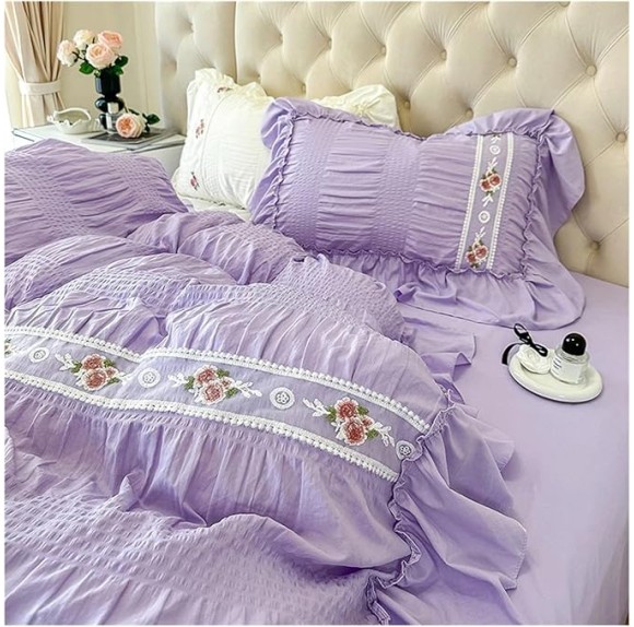 French Style Princess Bedding Set Lace Ruffles Seersucker Flowers Embroidery Washed Cotton Duvet Cover Set Bed Sheet Pillowcases,Bedding