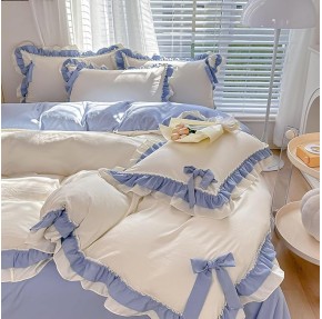 Girls Romantic Duvet Cover Set with Lovely Bow, Princess Style Chic Lace Ruffled Bedding 4-Piece, Soft Breathable Comforter Cover Set with Zipper Closure (White-Blue, Queen)