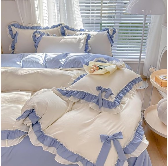 Girls Romantic Duvet Cover Set with Lovely Bow, Princess Style Chic Lace Ruffled Bedding 4-Piece, Soft Breathable Comforter Cover Set with Zipper Closure (White-Blue, Queen)