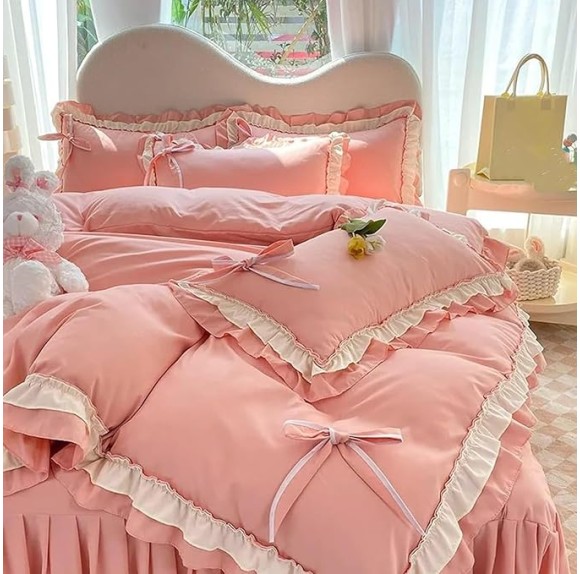 Girls Romantic Duvet Cover Set with Lovely Bow, Princess Style Chic Lace Ruffled Bedding 4-Piece, Soft Breathable Comforter Cover Set with Zipper Closure (White-Blue, Queen)