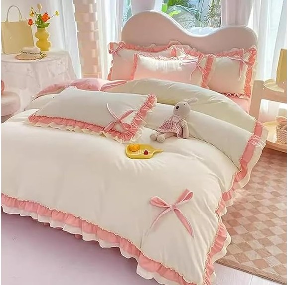 Girls Romantic Duvet Cover Set with Lovely Bow, Princess Style Chic Lace Ruffled Bedding 4-Piece, Soft Breathable Comforter Cover Set with Zipper Closure (White-Blue, Queen)