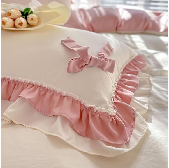 Girls Romantic Duvet Cover Set with Lovely Bow, Princess Style Chic Lace Ruffled Bedding 4-Piece, Soft Breathable Comforter Cover Set with Zipper Closure (White-Blue, Queen)