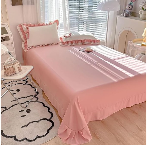 Girls Romantic Duvet Cover Set with Lovely Bow, Princess Style Chic Lace Ruffled Bedding 4-Piece, Soft Breathable Comforter Cover Set with Zipper Closure (White-Blue, Queen)
