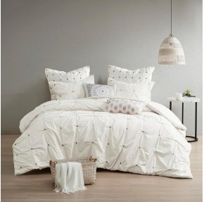 King/Cal King 3 Piece Elastic Embroidered Cotton Duvet Cover Set, Modern Tufted Design with Button Closure, White
