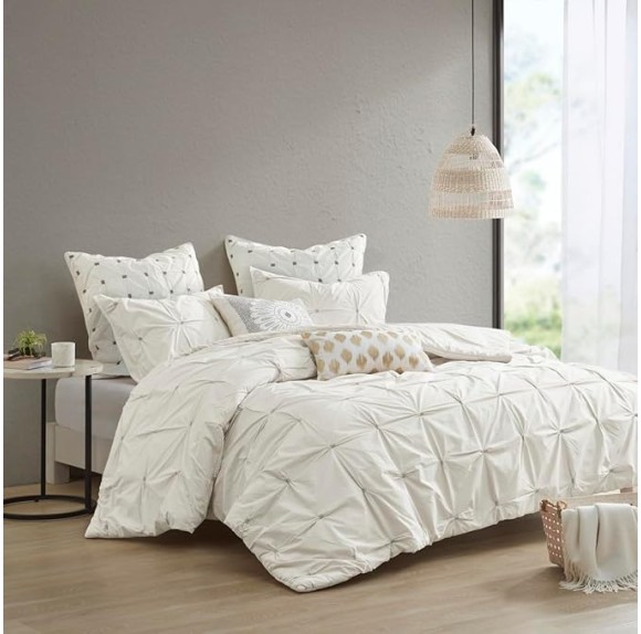 King/Cal King 3 Piece Elastic Embroidered Cotton Duvet Cover Set, Modern Tufted Design with Button Closure, White