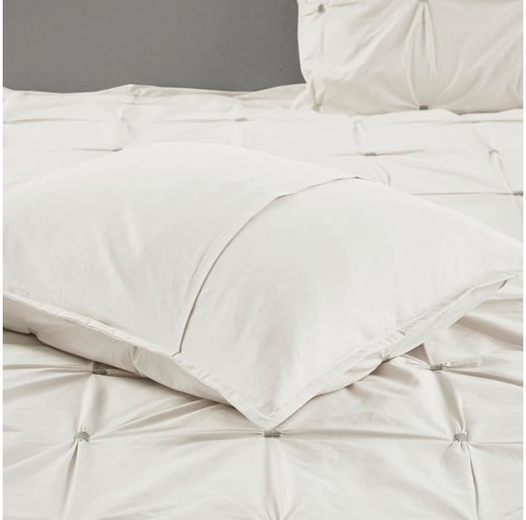 King/Cal King 3 Piece Elastic Embroidered Cotton Duvet Cover Set, Modern Tufted Design with Button Closure, White