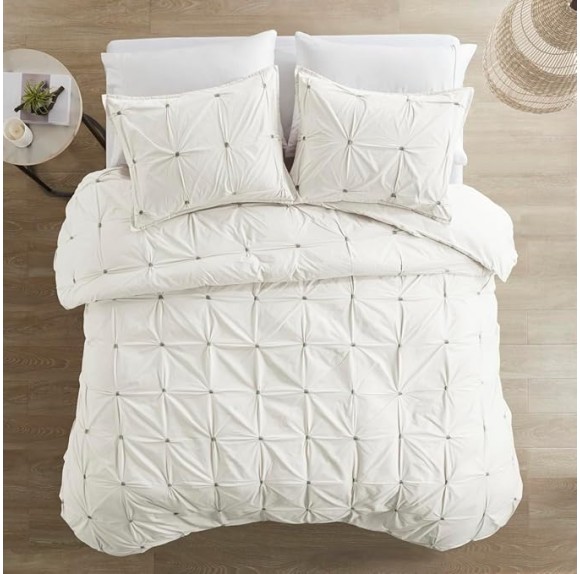 King/Cal King 3 Piece Elastic Embroidered Cotton Duvet Cover Set, Modern Tufted Design with Button Closure, White