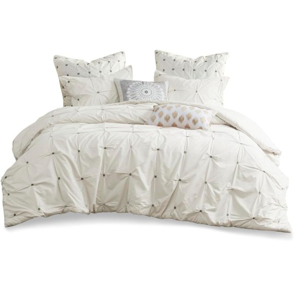 King/Cal King 3 Piece Elastic Embroidered Cotton Duvet Cover Set, Modern Tufted Design with Button Closure, White