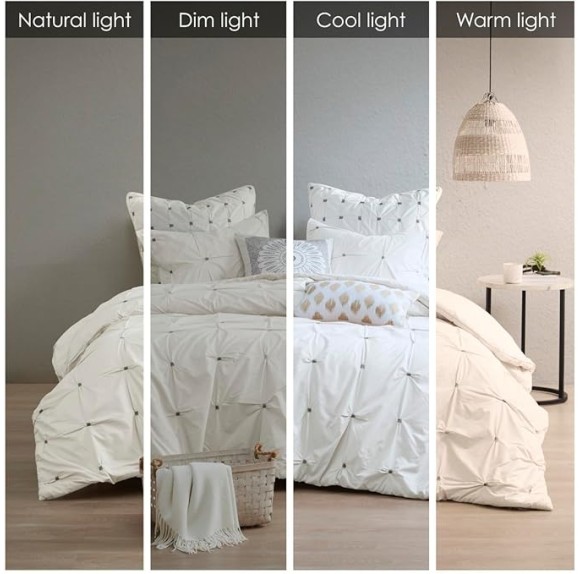 King/Cal King 3 Piece Elastic Embroidered Cotton Duvet Cover Set, Modern Tufted Design with Button Closure, White